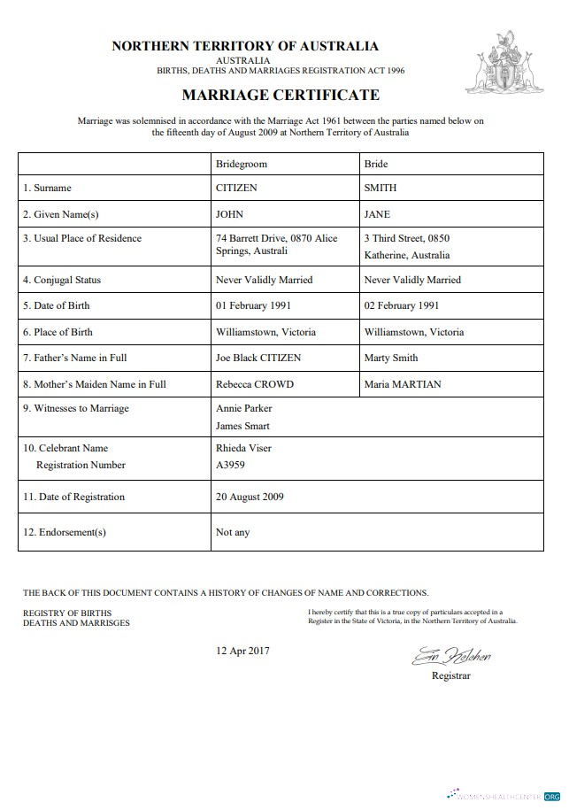 Download Australia Northern Territory of Australia marriage certificate template in Word Photoshop template